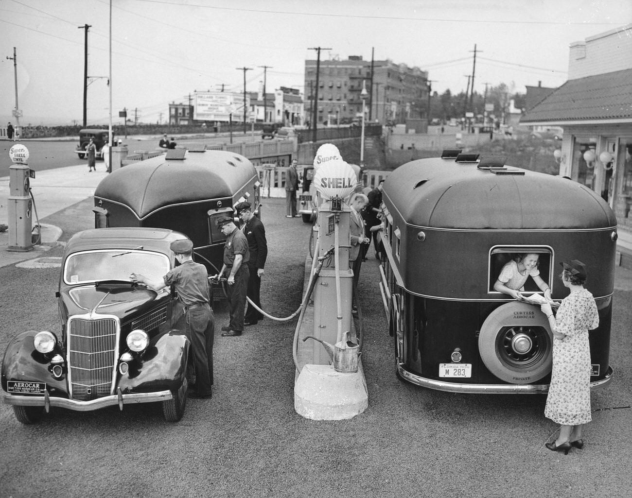 #3 Trailers serviced at a gas station in New Jersey, 1950s