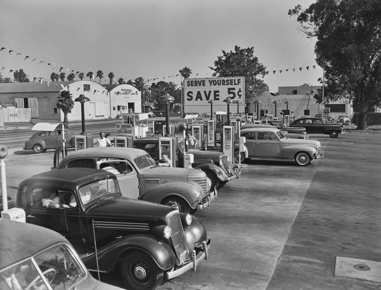 #38 Self-Service Gas Station in Pasadena with Signage, 1955