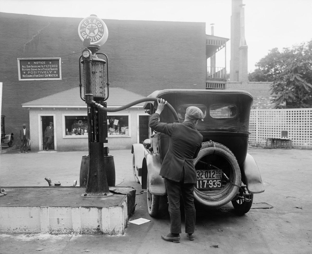 #65 Man Filling Up Car at Washington DC Gas Station, 1920