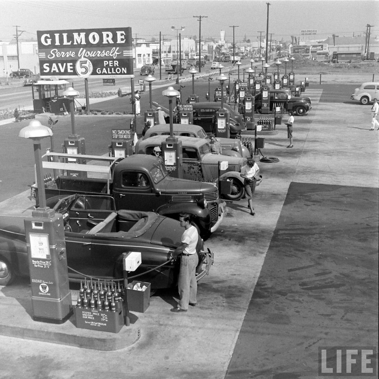 #47 Gilmore Oil’s Gas-A-Teria, an early self-serve station in Los Angeles, 1948.