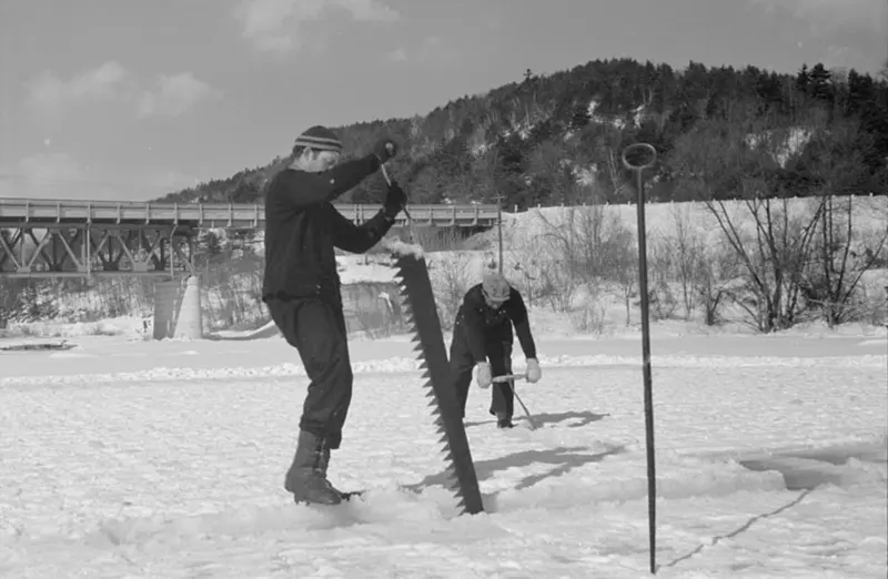 #30 A photograph that captures the ice cutting process on the Ottauquechee River in 1936.