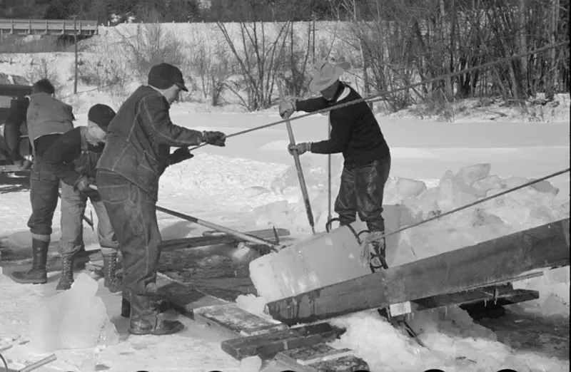 #35 A photograph that captures the ice cutting process on the Ottauquechee River in 1936.