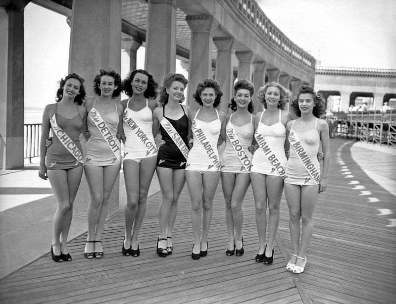 #23 Contestants for Miss America 1945 Posing on Boardwalk, 1945