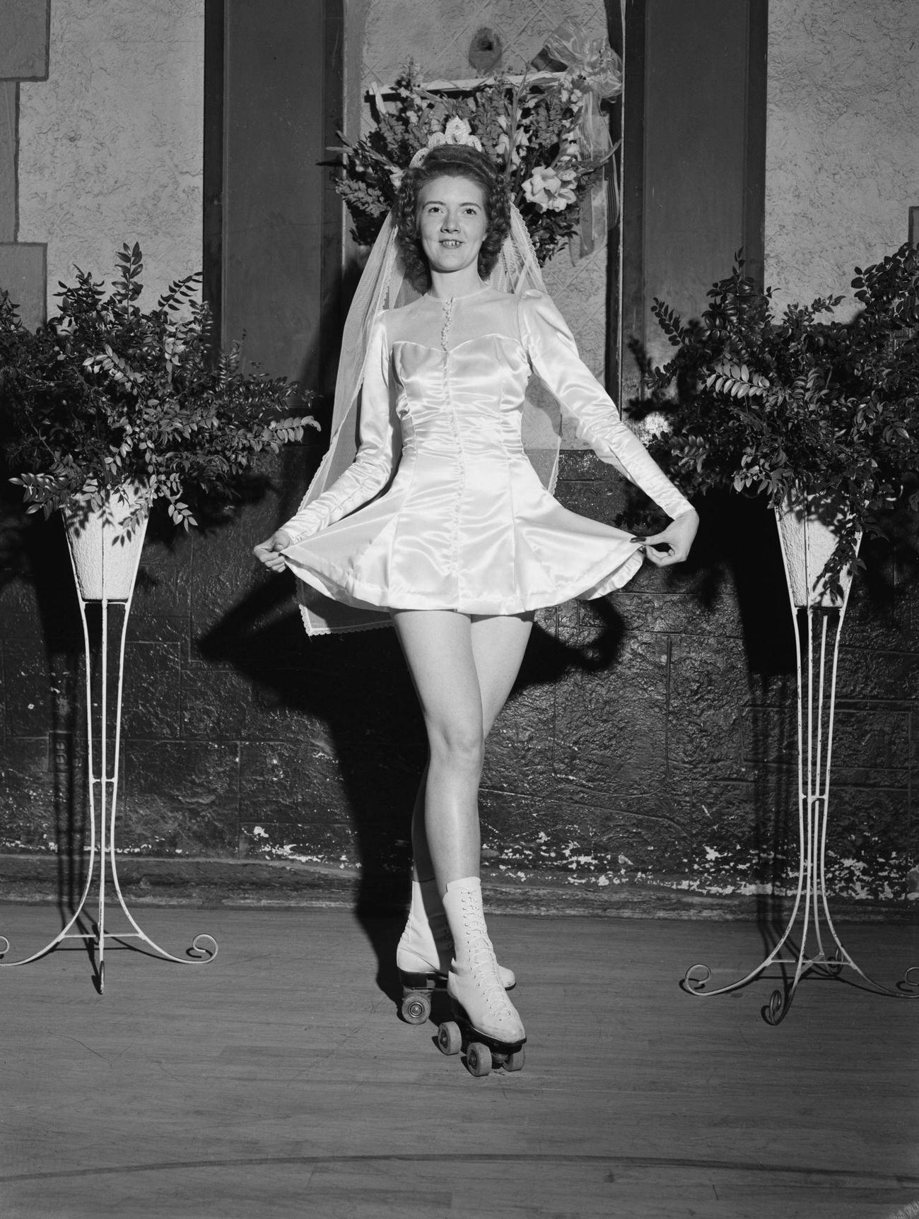 #38 Bride Wearing Roller Skates at Her Wedding, USA, circa 1950