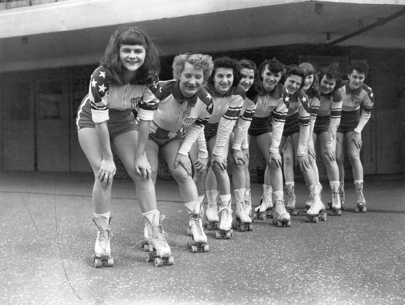 #45 New York Chiefs’ Girls Outside Haringey Arena Before Roller Derby, London, 1953
