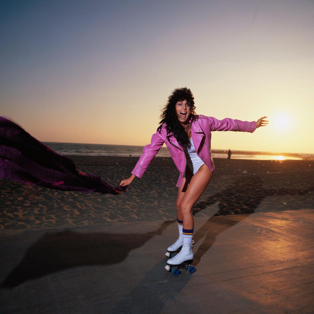 #75 Cher Roller Skating at Venice Beach in Pink Leather Jacket, California