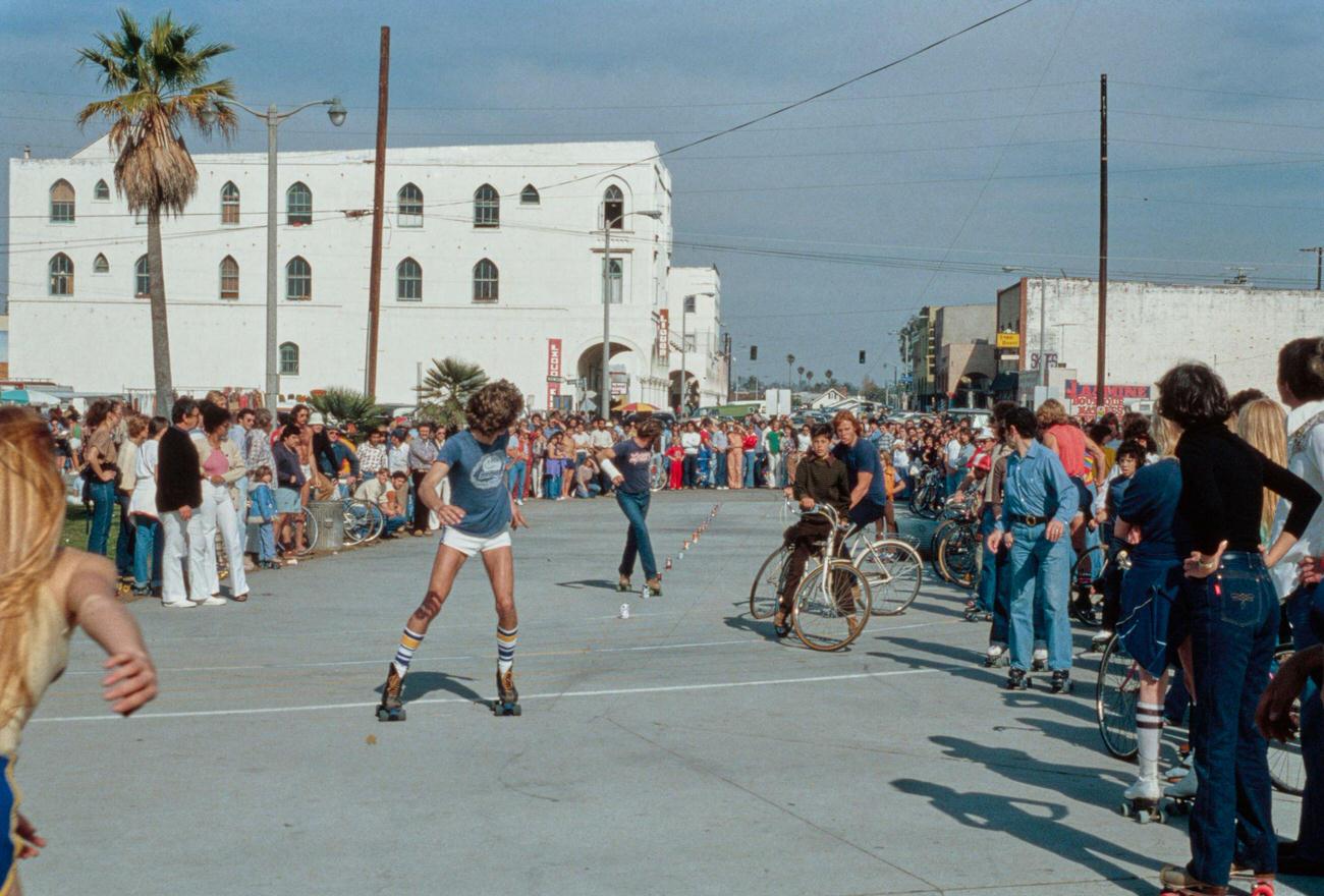 #78 Crowd Watches Roller Skating Slalom Tricks at Venice Beach, Los Angeles, circa 1979