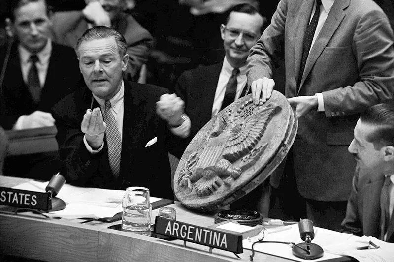 #2 Henry Cabot Lodge displays the bug in front of the United Nations.