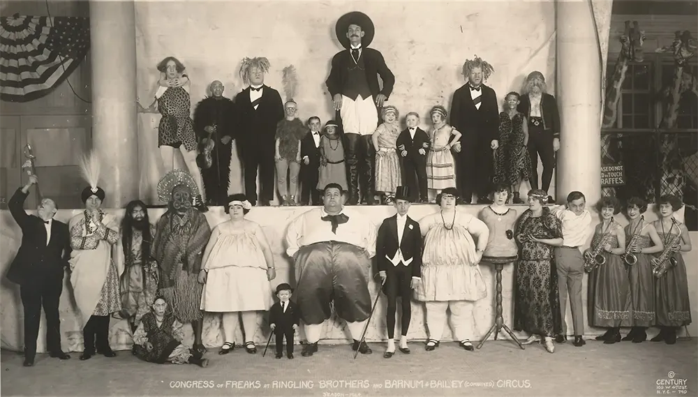 #2 A 1924 “class photograph” of sideshow acts in the Ringling Brothers and Barnum & Bailey Circus. George Muse is third from left, upper row; Willie is third from right.