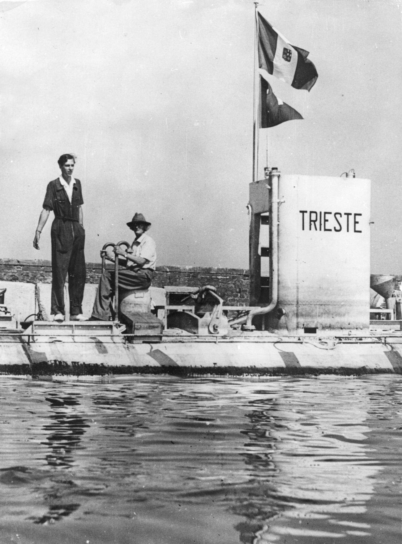 Auguste Piccard with son Jacques aboard Bathysphere ‘Trieste’ after a descent, 1953.