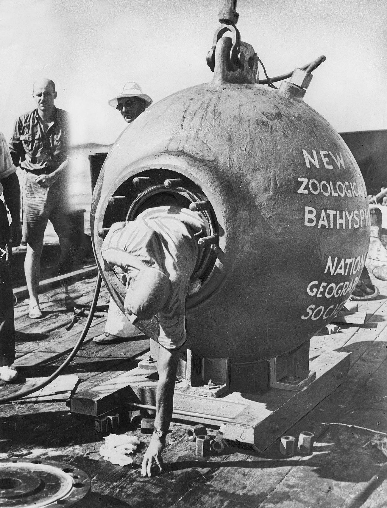 Zoologist William Beebe exiting his deep-sea diving sphere ‘Bathysphere’, Bermuda, August 1934.