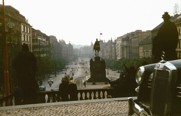 #28 Wenceslas Square from National Museum, Prague, July 1958.