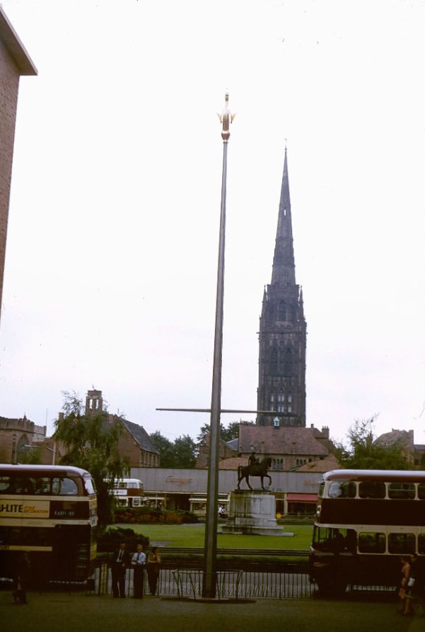 #40 Ruins of St. Michael’s Cathedral, Lady Godiva statue, Coventry, August 1958.