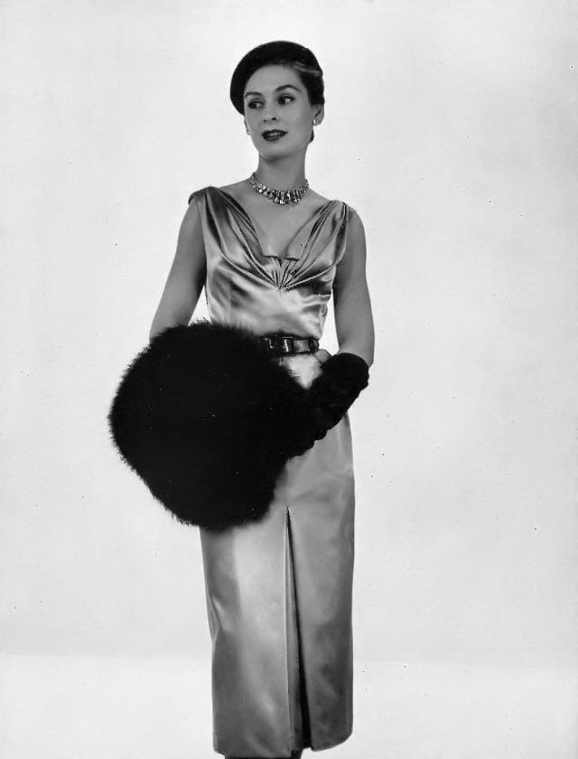 #3 Model in Madeleine de Rauch’s Celanese satin cocktail dress, Georges Saad photo, 1952.