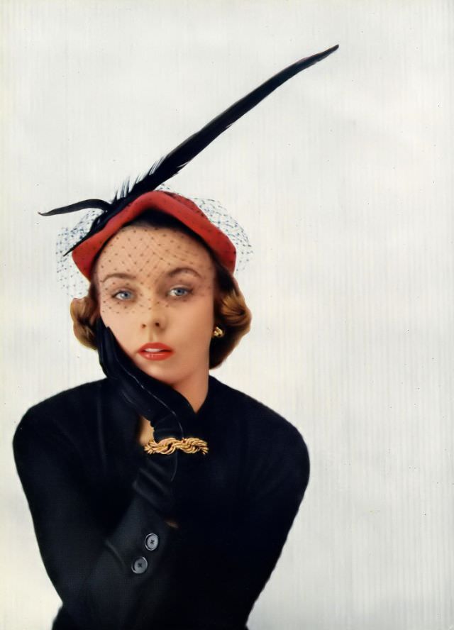 #21 Shelagh Wilson in R.M.Hats’ red velour hat, Harper’s Bazaar UK, September 1951.