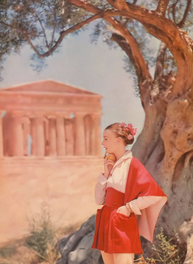 #31 Shelagh Wilson in Horrockses’ corduroy shorts at Agrigento, Sicily, Harper’s Bazaar UK, January 1952.