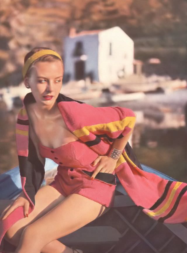 #33 Shelagh Wilson in Horrockses’ terry-cloth swimsuit, Harper’s Bazaar UK, June 1952.