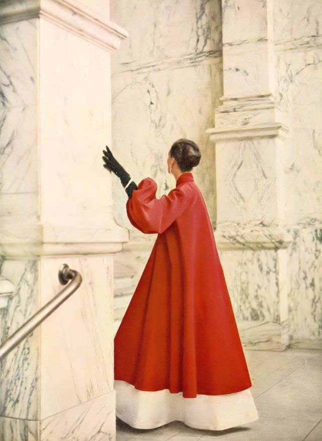 #8 Anne Gunning in Susan Small’s grosgrain evening coat, Harper’s Bazaar UK, August 1951.