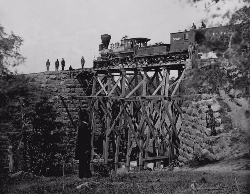 #16 Engine “Firefly” on Orange and Alexandria Railroad trestle, circa 1864.