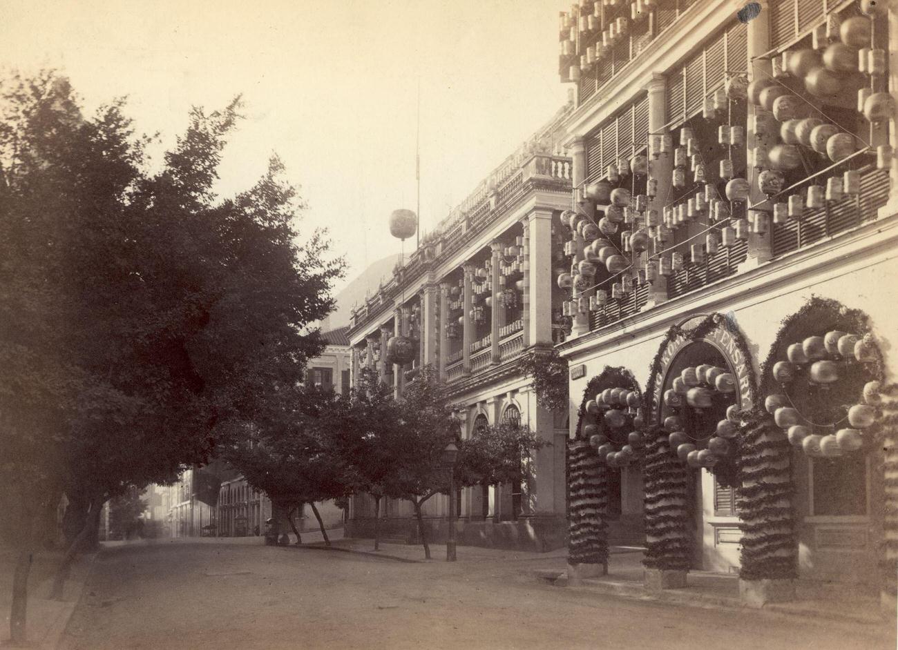 #39 Queen’s Road, Hong Kong, illuminated for the Duke of Edinburgh’s visit in 1869.