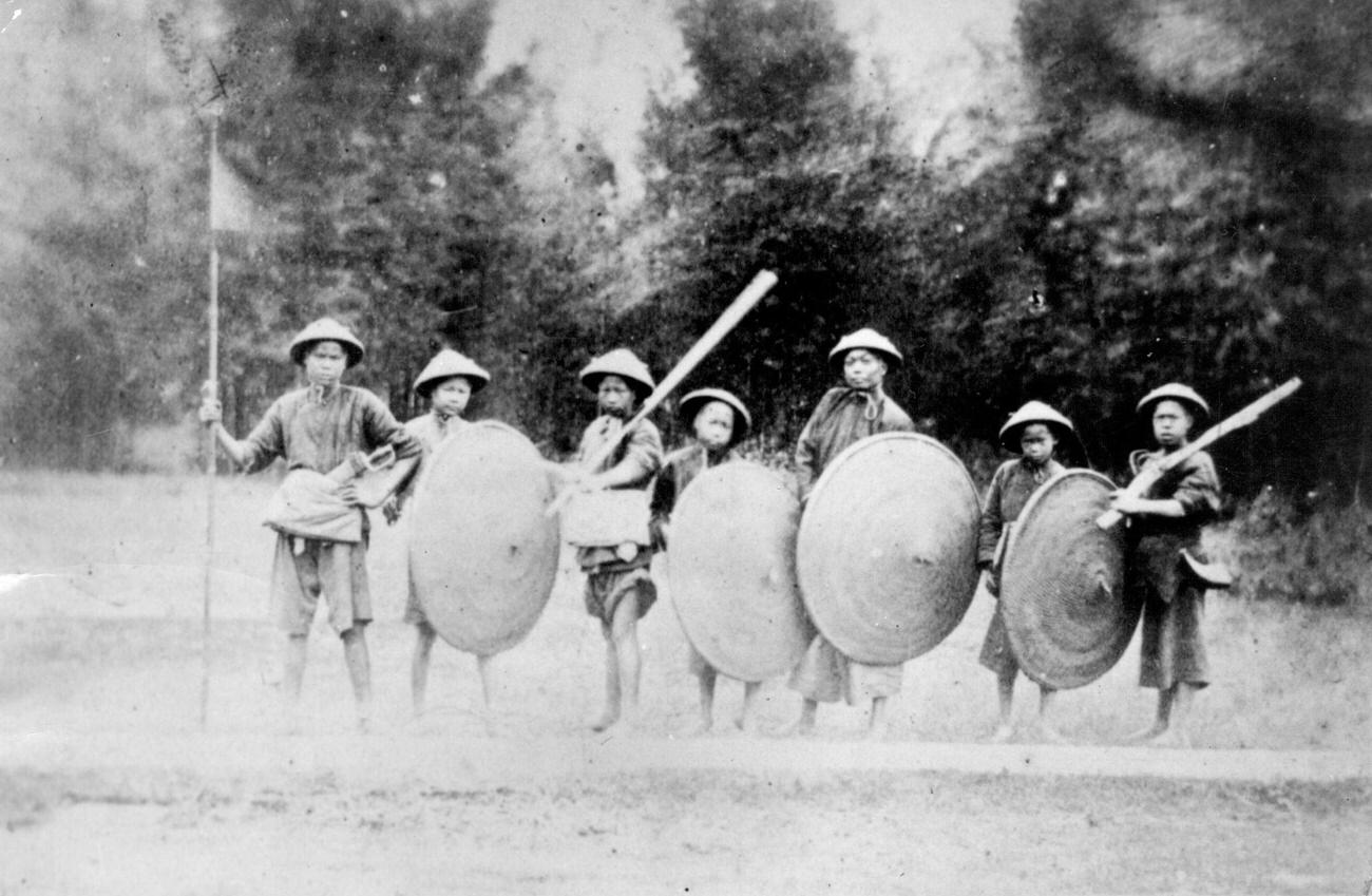 #6 Chinese militia from up-country, armed with clubs and wicker shields, during the Second Chinese Opium War.