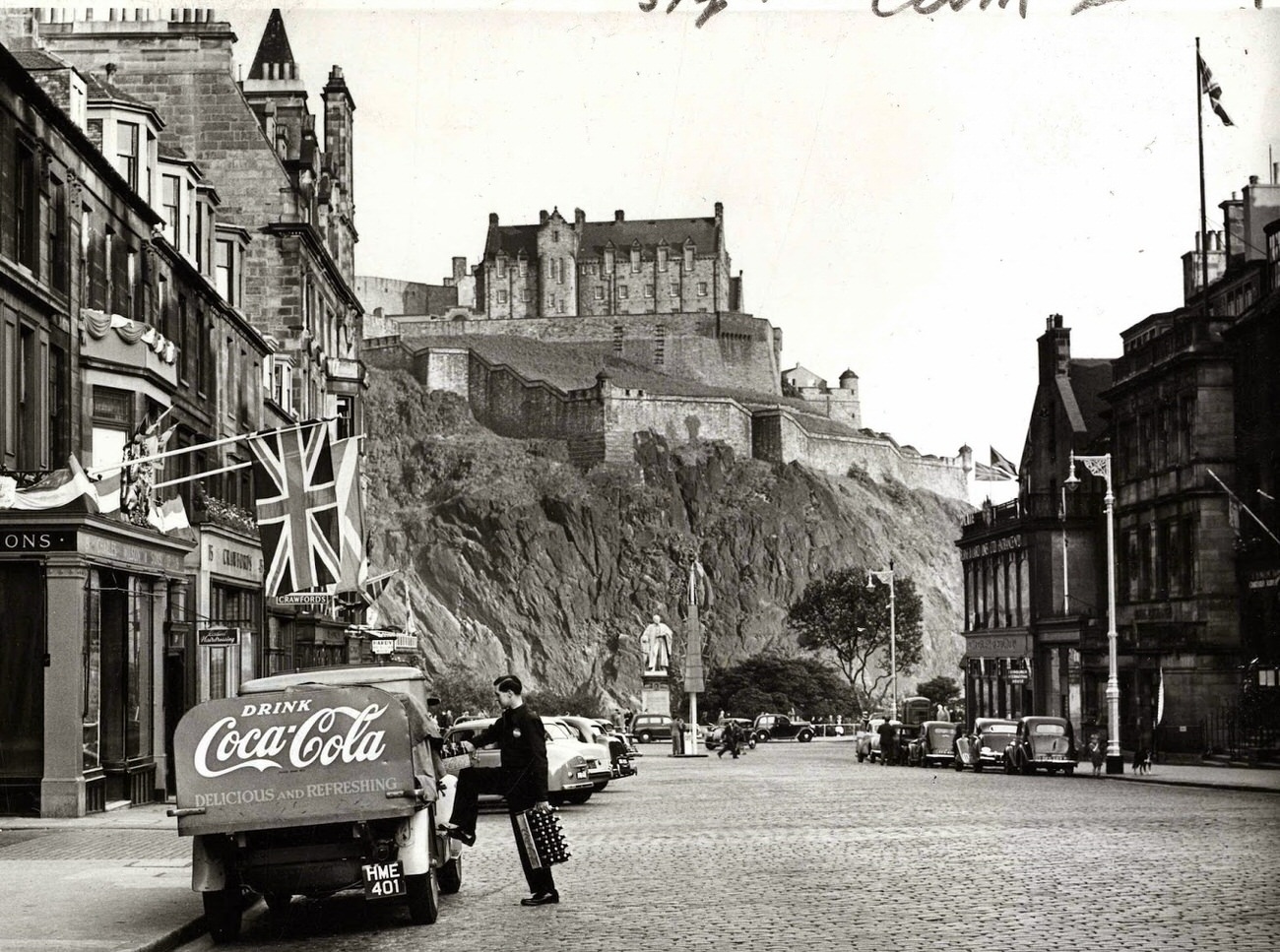 #22 Edinburgh Castle overlooking a Coca-Cola delivery truck on Castle Street, 1953.