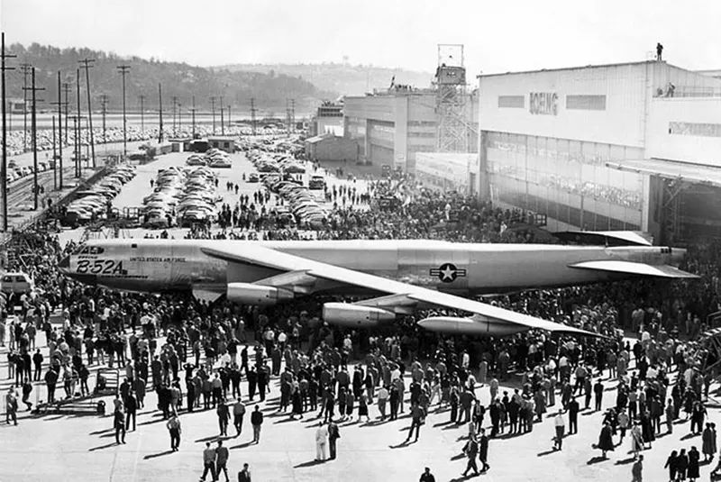 #16 First B-52A rollout at Boeing Seattle plant, March 18, 1954, with tail folded down.