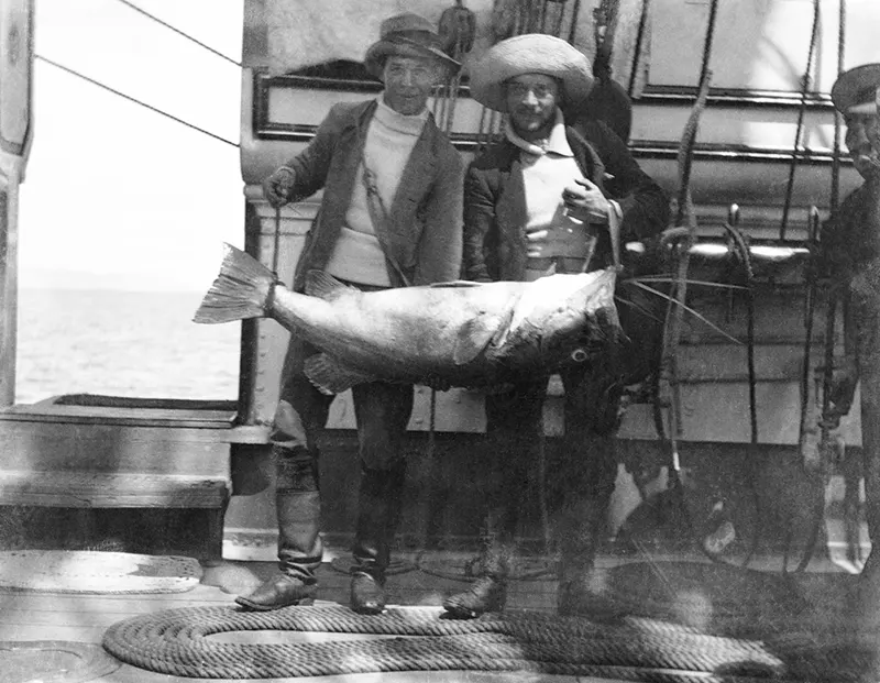 #17 Two crew with large fish, HMS Penguin, 1900s.