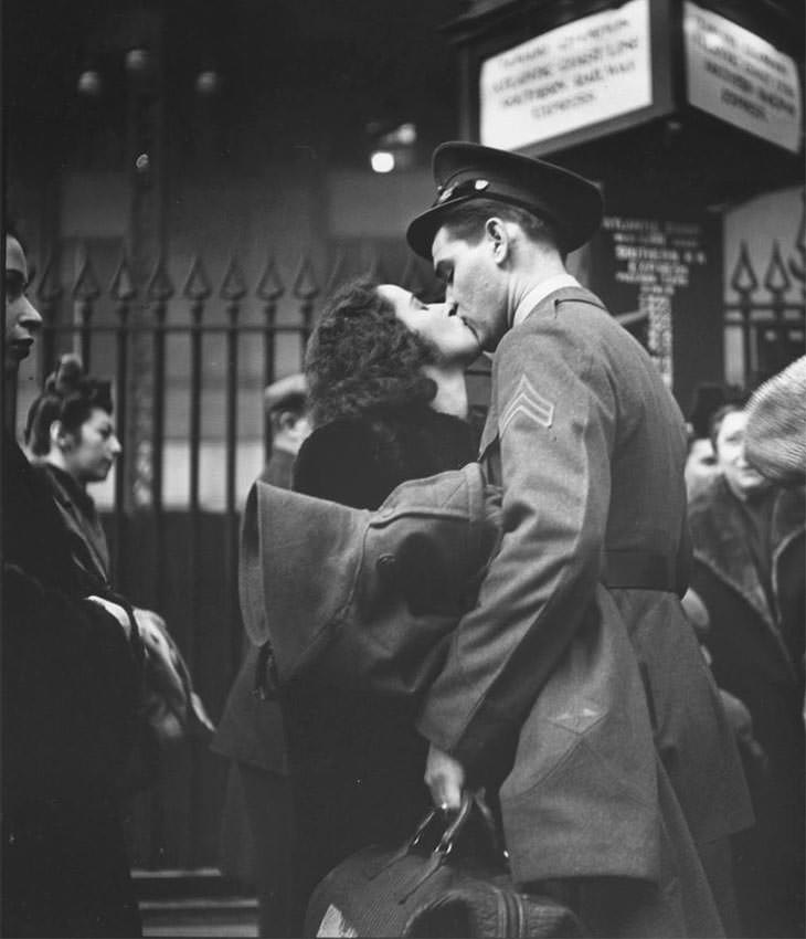 #25 Couple sharing farewell kiss, Penn Station, 1943.
