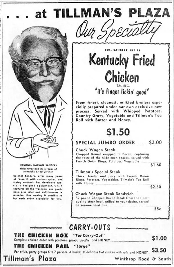 #6 Tillman’s Plaza ad featuring KFC, “It’s Finger Lickin’ Good,” 1958.