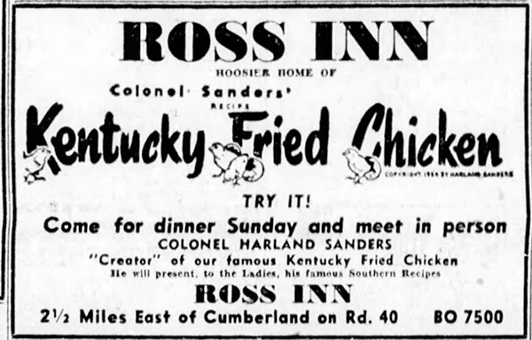 #8 Ross Inn ad, one of the first KFC ads, Cumberland, Indiana, March 1955.