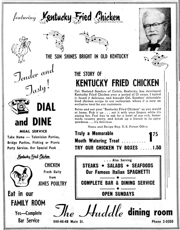 #9 The Huddle restaurant ad featuring “The Story of Kentucky Fried Chicken,” Lafayette, Indiana, 1956.