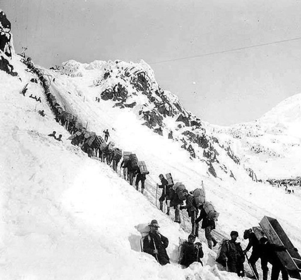#110 Prospectors ascending Chilkoot Pass, 1898.