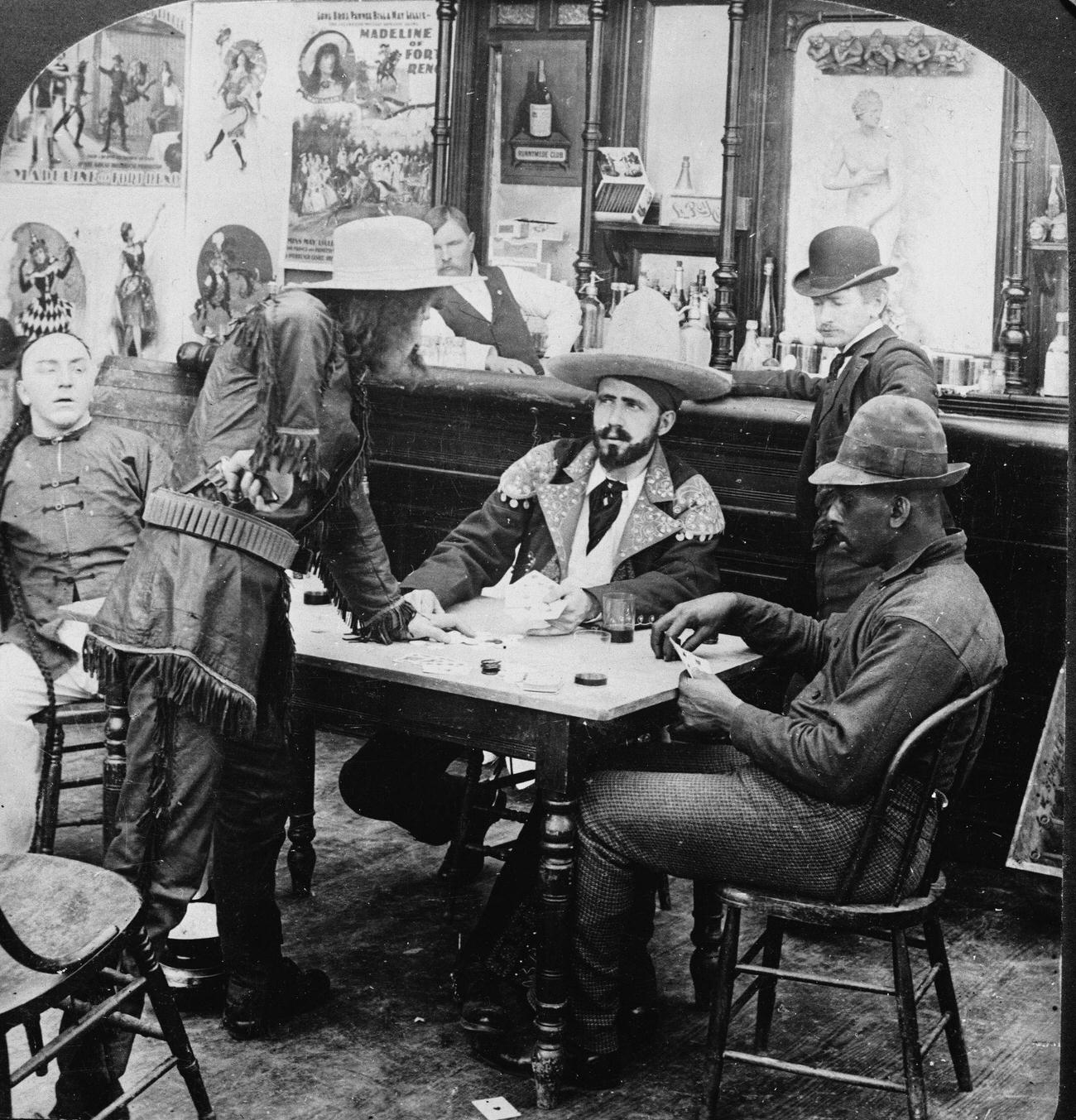#52 Staged photograph of a barroom dispute during the Klondike Gold Rush in Alaska, early 1900s.
