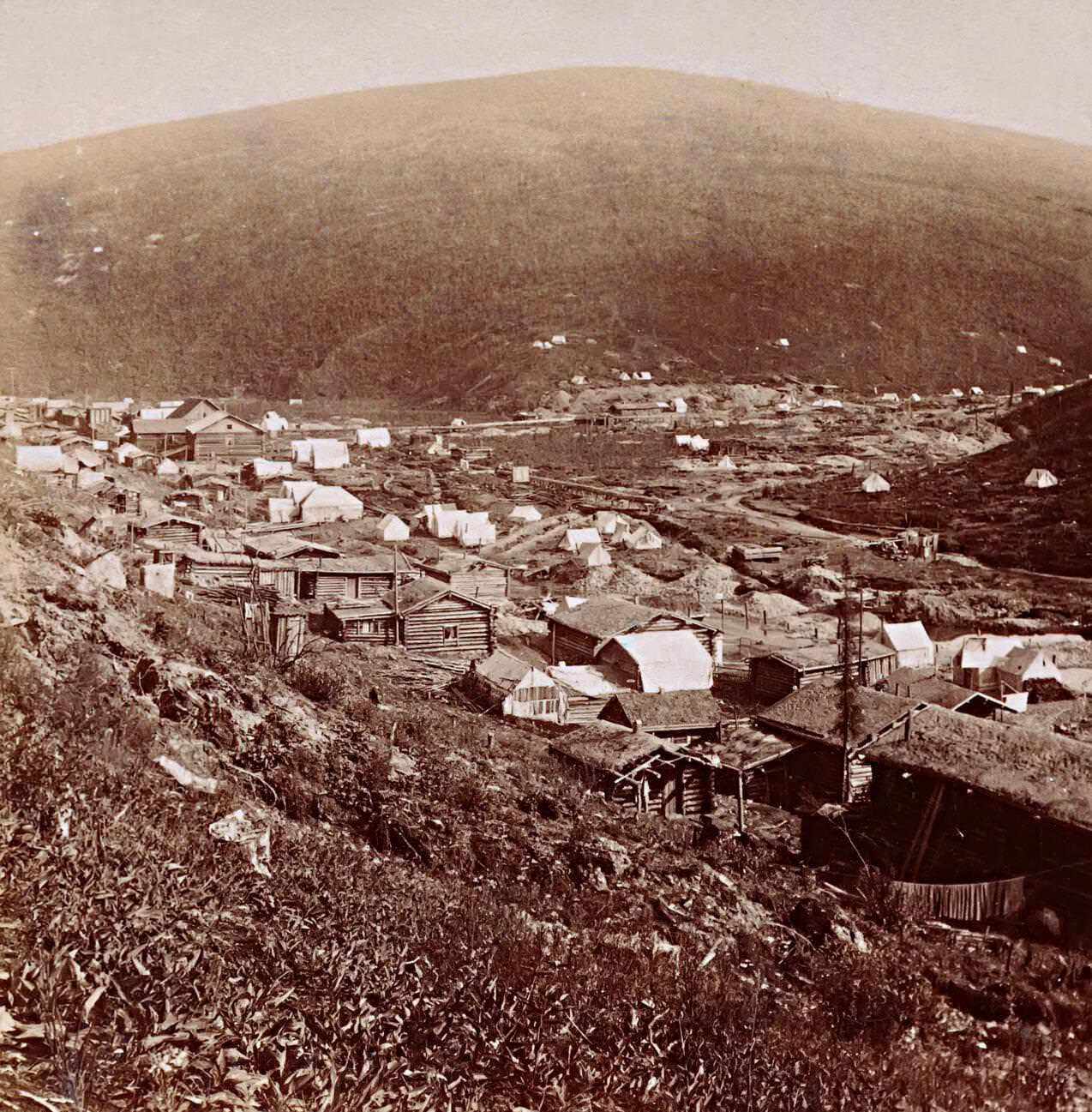 #69 Township and tents at the junction of Eldorado and Bonanza creeks, Yukon, Canada, 1901.