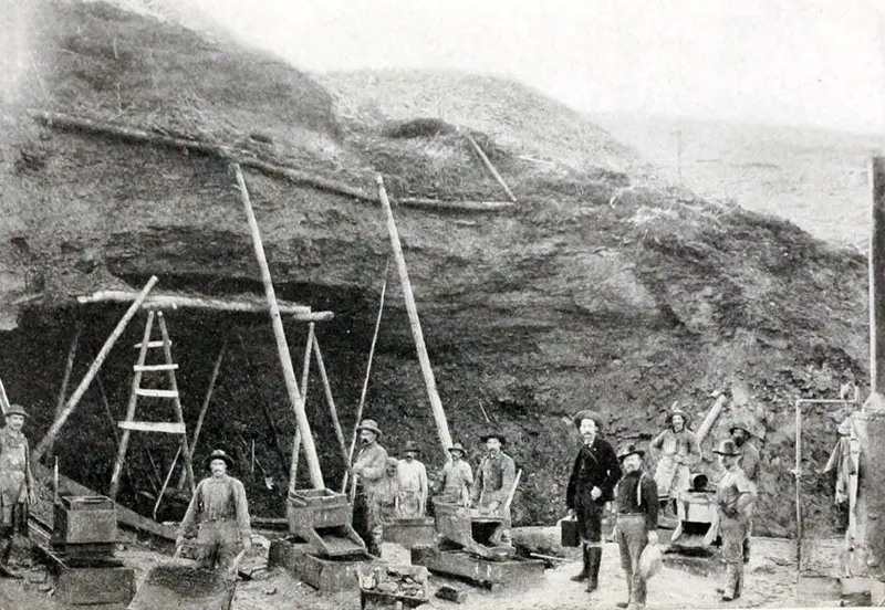 #79 Hill-side mining showing the use of rockers, circa 1899.