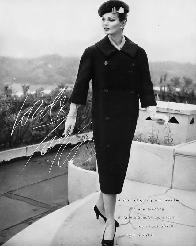 #13 Linda Harper in a gros point tweed town coat by Monte-Sano at Lord & Taylor, 1956.