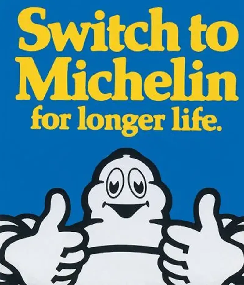 Transition to jolly Bibendum in posters, 1970s: “I’m Clinging in the Rain,” 1975; “Switch to Michelin,” 1978.