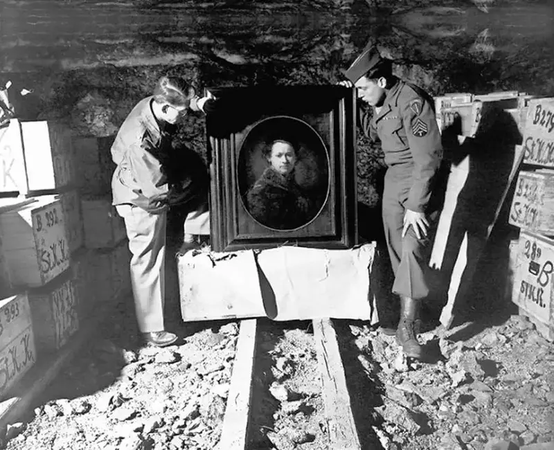 #23 Sgt. Harry Ettlinger, Lt. Dale Ford repatriating Rembrandt, German salt mine, 1945.