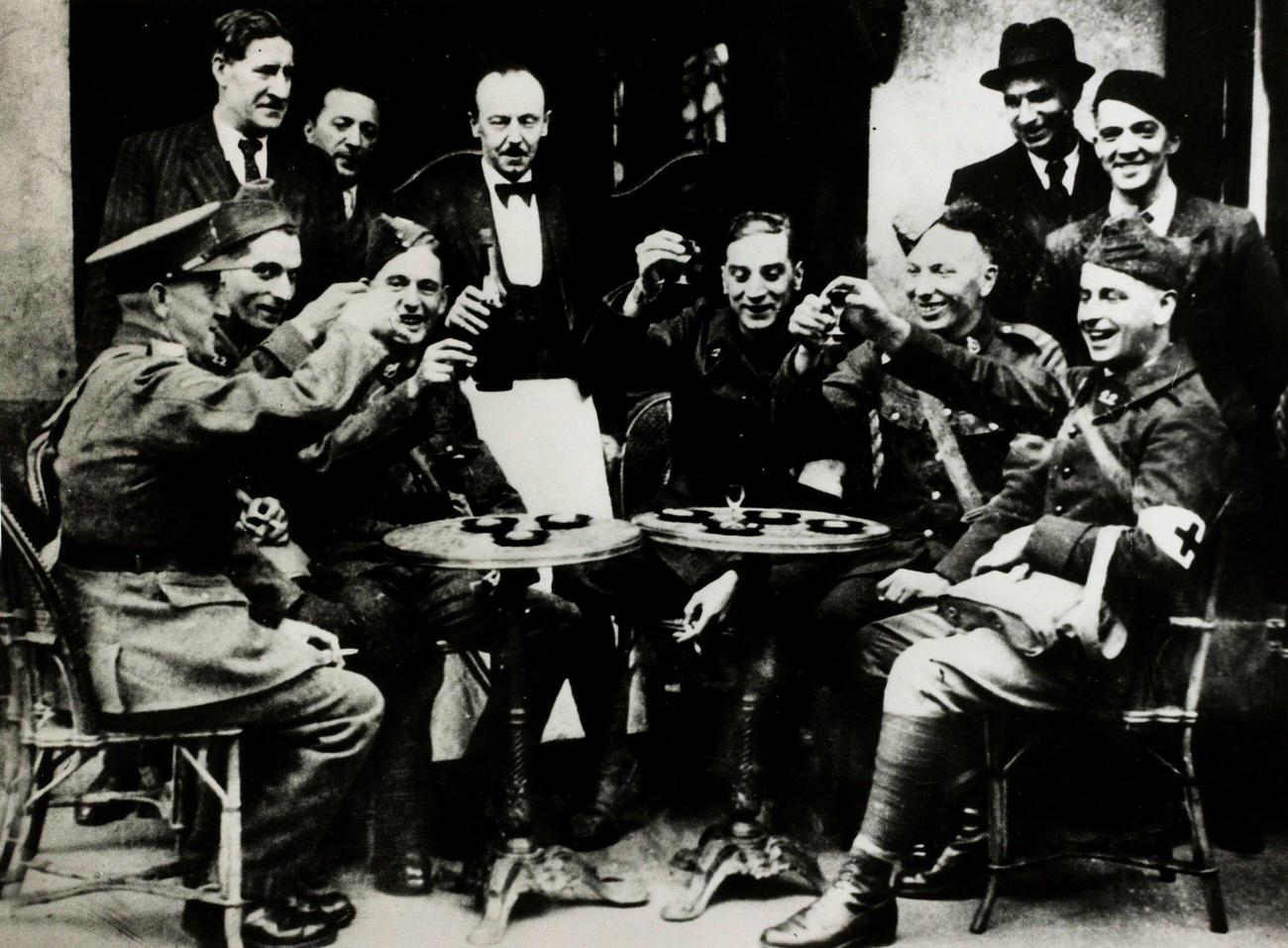 #62 French and British Troops Toasting Victory, Paris Cafe, Circa 1939