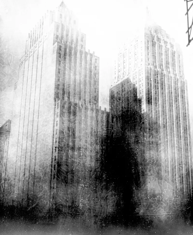 #5 Koppers Coal and Gulf Oil buildings in heavy smoke, viewed from ground level.