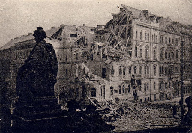 #16 Aerial view of damage in Václavské náměstí, Prague, 1945.