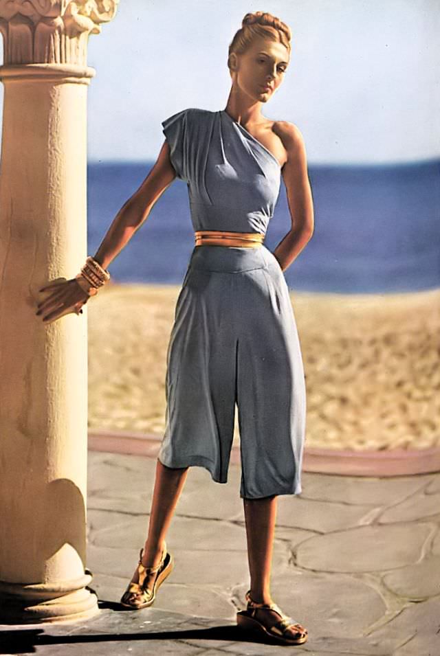#3 Bijou Barrington in bare-shoulder short dinner pyjamas of Celanese rayon and a gold kid belt by Schaffer, Vogue, 1945.
