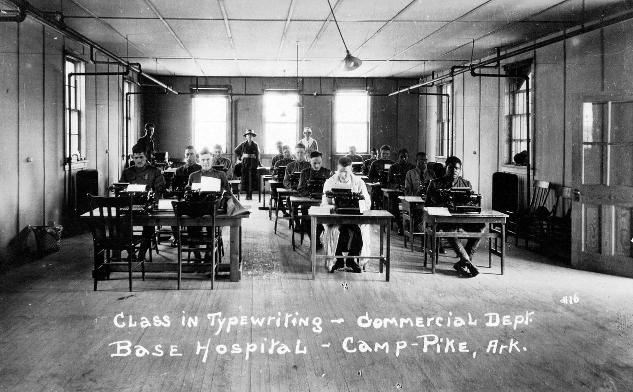 #14 Typewriting class in commercial department, Base Hospital, Camp Pike, Arkansas, 1920.