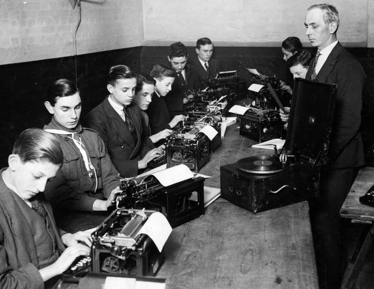 #16 Boys from London Homepaper Offices in typewriting class, circa 1930.