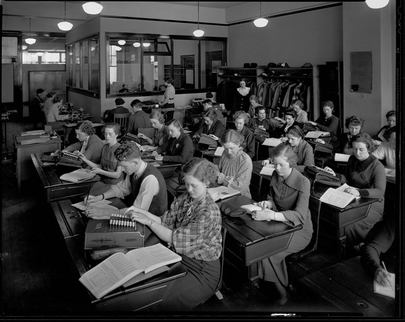 #27 Clerical skills practice in a classroom at Minnesota Business College, May 1936.