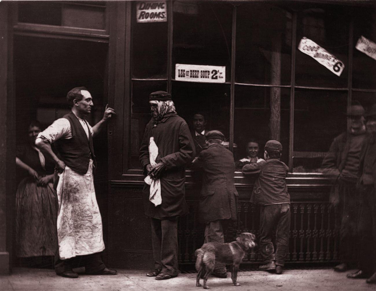 #111 Former policeman Mr. Bayliss running a dining room for ex-convicts in London, 1877.