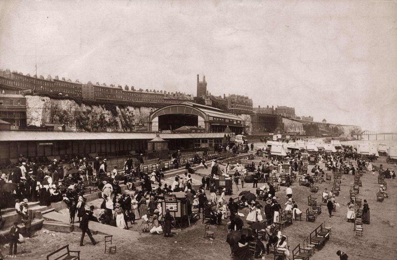 #3 Victorian daytrippers on Ramsgate beach in Kent, circa 1880.