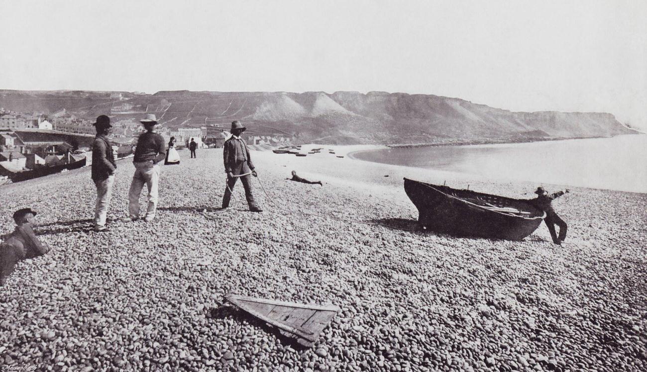 #90 Peel, Isle of Man, showing the old castle and harbour, 19th century.