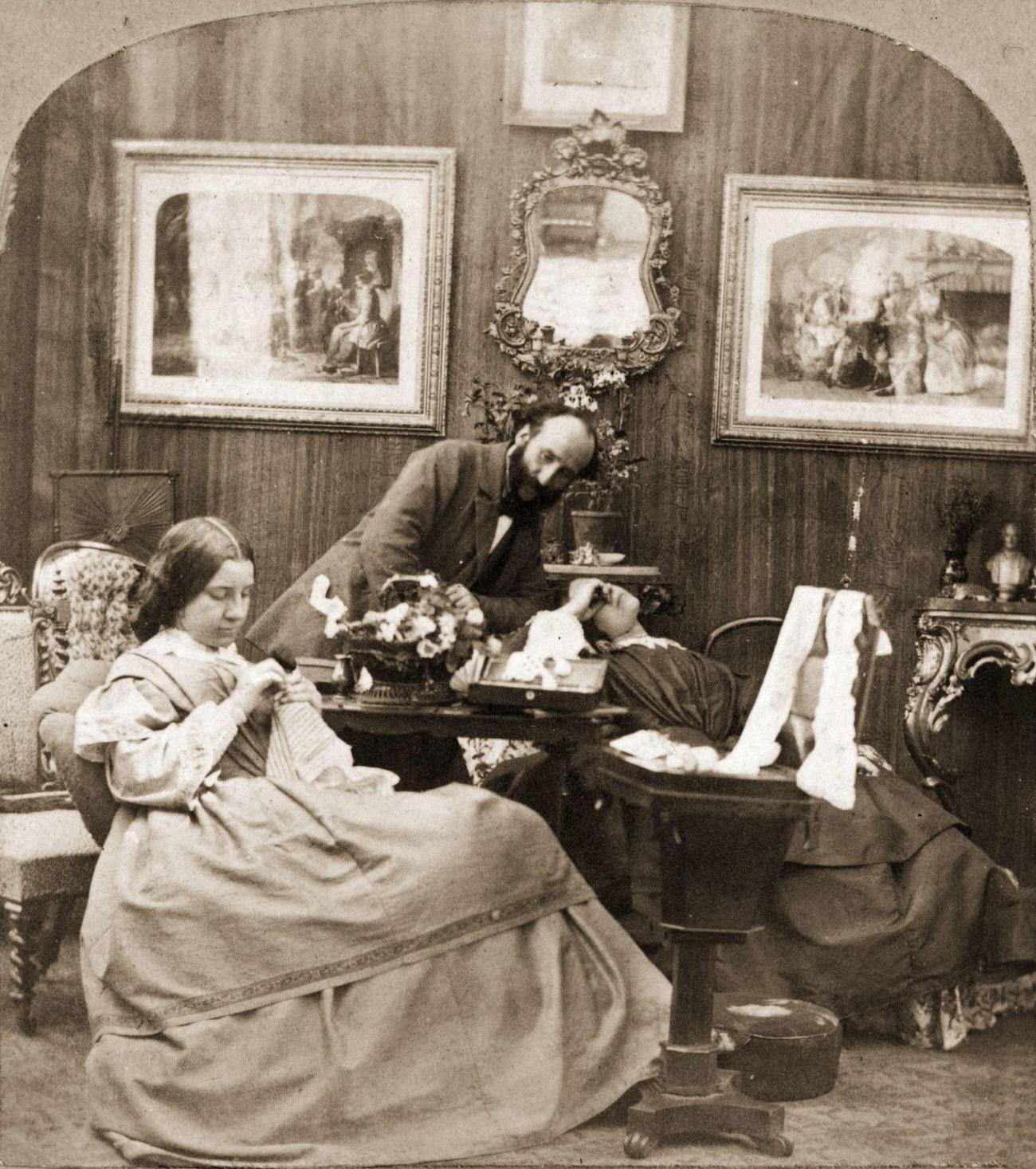 #92 Relaxed scene in a Victorian living room, 1860.